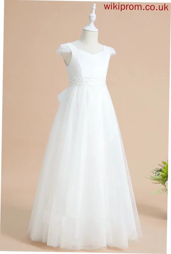 Adrianna Sleeves Flower Girl Dresses With Short Flower Girl Dress V-neck Floor-length Satin/Tulle Beading/Bow(s) Ball-Gown/Princess -