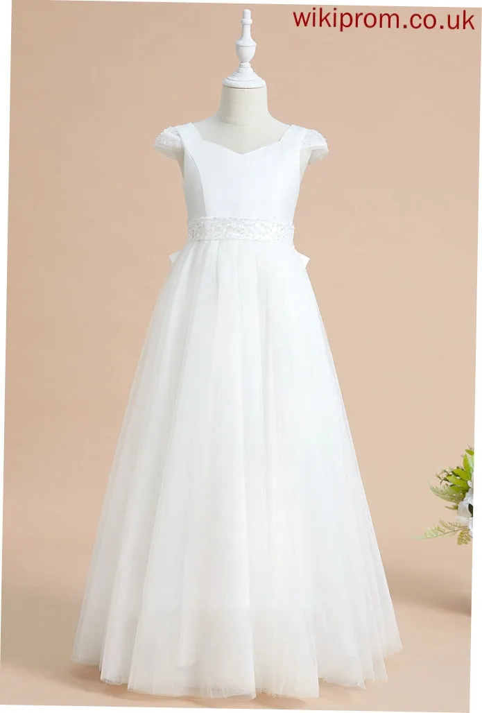 Adrianna Sleeves Flower Girl Dresses With Short Flower Girl Dress V-neck Floor-length Satin/Tulle Beading/Bow(s) Ball-Gown/Princess -