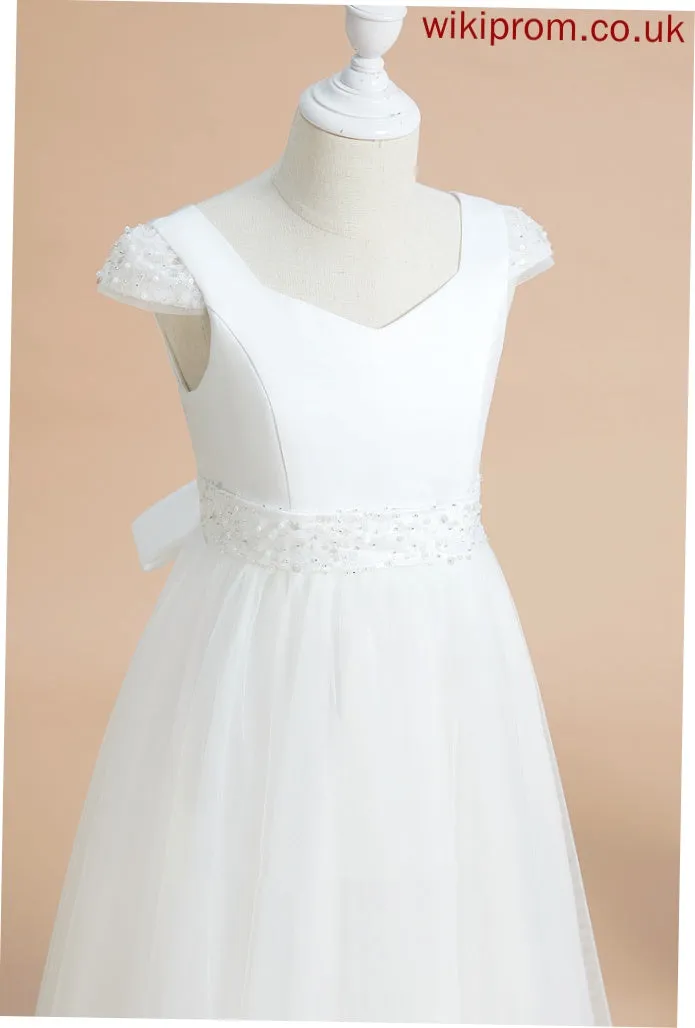 Adrianna Sleeves Flower Girl Dresses With Short Flower Girl Dress V-neck Floor-length Satin/Tulle Beading/Bow(s) Ball-Gown/Princess -