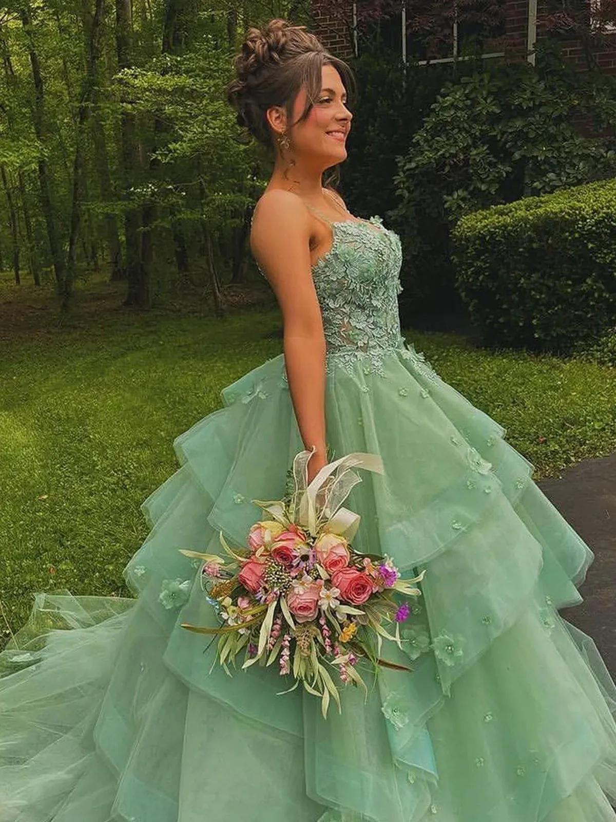 Azurena | Ball Gown Sweetheart Sage Green Tulle Long Prom Dresses with Appliques