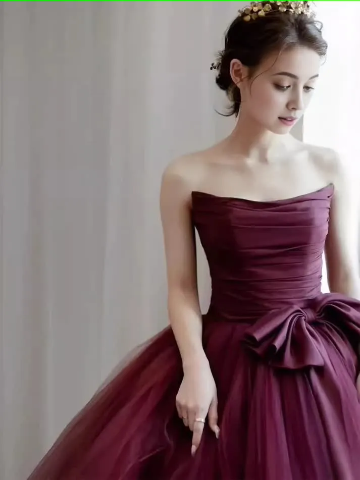 Ball Gown Burgundy Strapless Prom Dresses Evening Dress