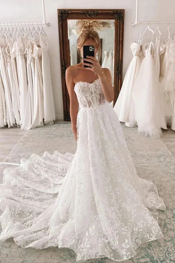 Ball Gown Lace Sweetheart Wedding Dress With Detachable Puff Sleeves, SW649