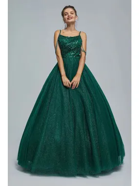 Ball Gown Prom Dresses Sparkle & Shine Dress Graduation Floor Length Sleeveless Spaghetti Strap Tulle with Pearls Sequin