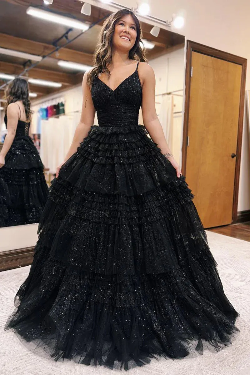 Ball Gown V Neck Black Glitter Tulle Long Prom Dresses