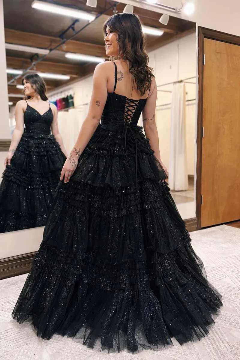 Ball Gown V Neck Black Glitter Tulle Long Prom Dresses