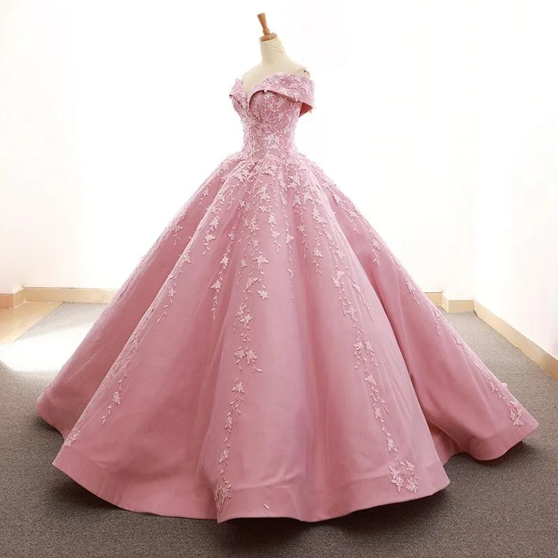 Ballerina Pink Off Shoulder Sweetheart  Puffy Pleated Evening Formal Dress