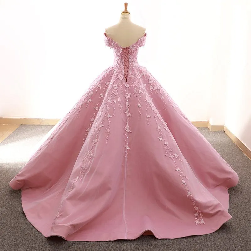 Ballerina Pink Off Shoulder Sweetheart  Puffy Pleated Evening Formal Dress