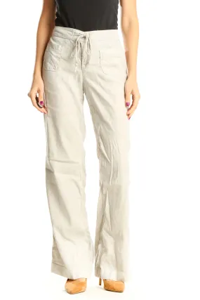 Beige Casual Tie Waist Wide Leg Pants