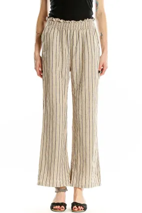 Beige Striped Wide-Leg Cotton Pants