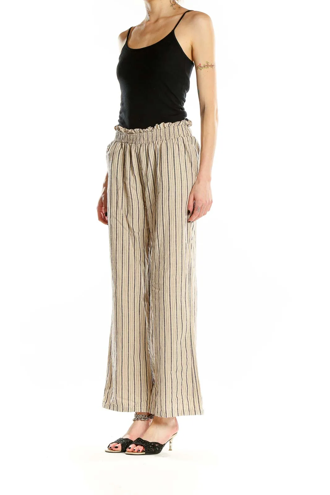 Beige Striped Wide-Leg Cotton Pants