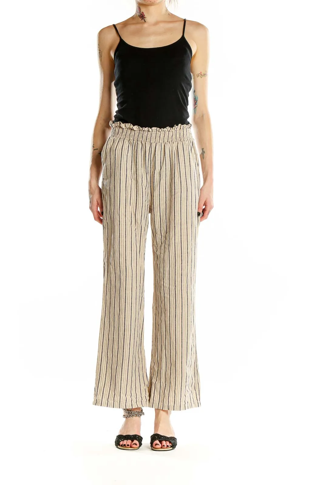 Beige Striped Wide-Leg Cotton Pants