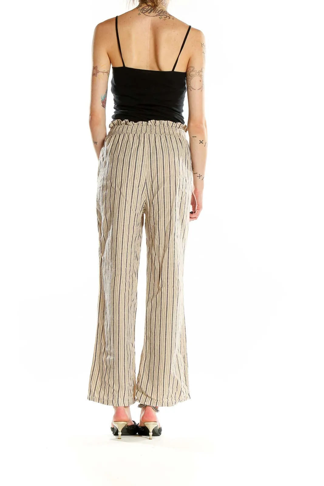 Beige Striped Wide-Leg Cotton Pants