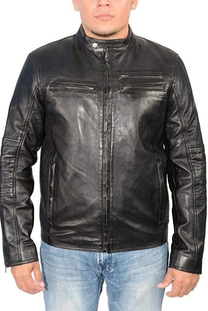 Black Lambskin Leather Side Stitch Cafe Racer Jacket