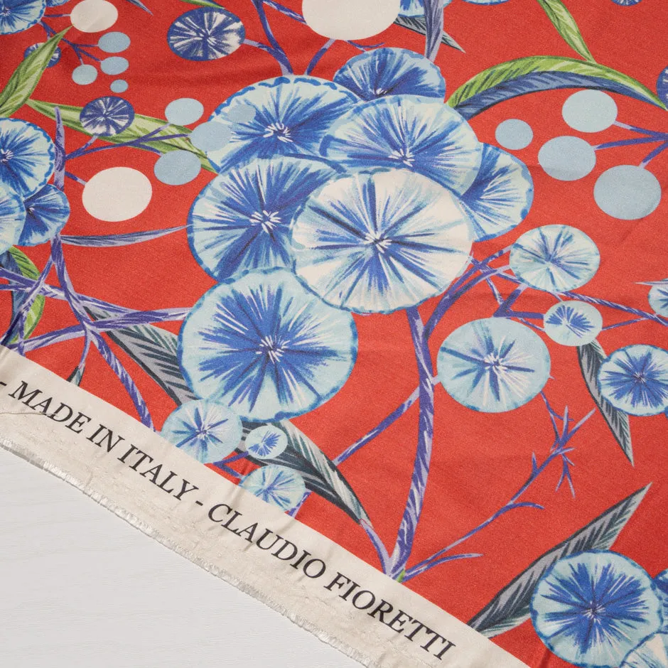 Blue Floral Printed Red Double Silk Satin