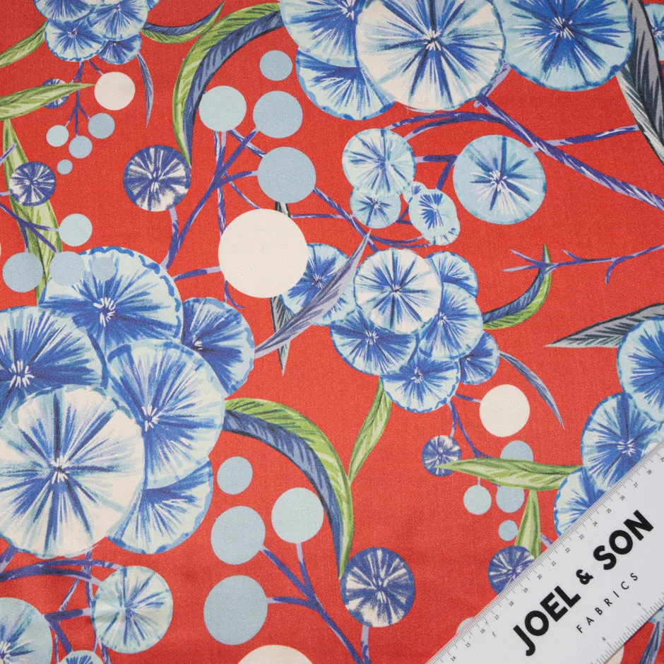 Blue Floral Printed Red Double Silk Satin