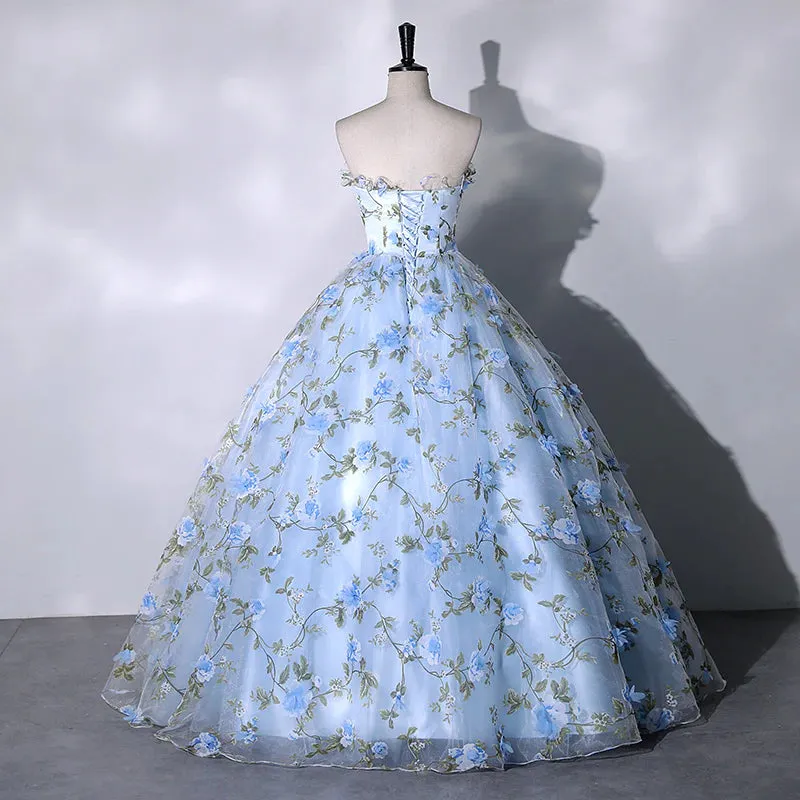 Blue Floral Sweetheart Floor Length Formal Dresses, Blue Long Party Dresses