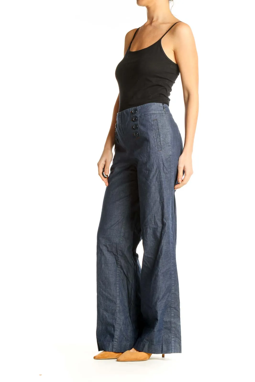 Blue Textured All Day Wear Wide Leg Trousers