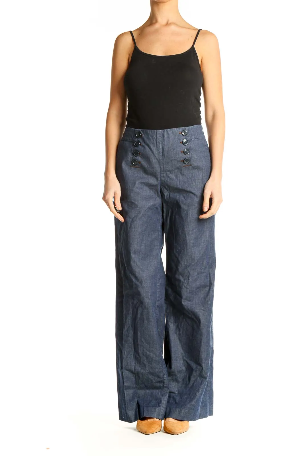 Blue Textured All Day Wear Wide Leg Trousers