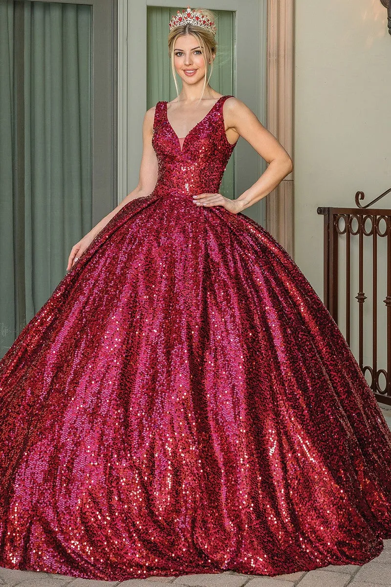 Burgundy Deep V Neck Sequin Quinceanera Ball Gown