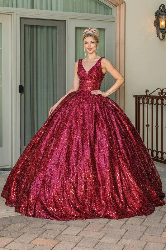 Burgundy Deep V Neck Sequin Quinceanera Ball Gown