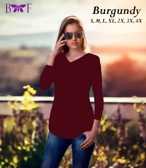 Burgundy v neck and a round bottom