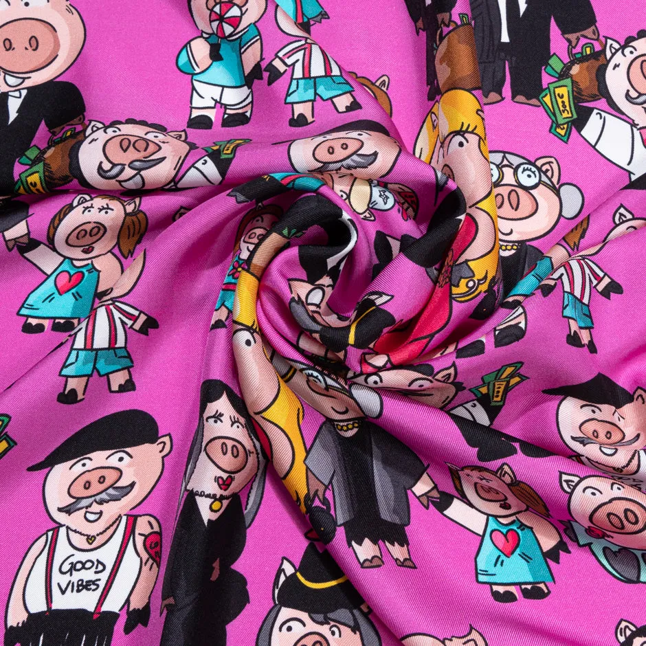 Cartoon Piggy Printed Pink Pure Silk Twill