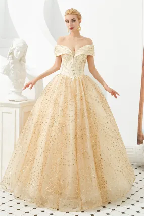 Champagne Gold Off-the-Shoulder Tulle Ball Gown Sequins Princess Prom Dresses for Girls