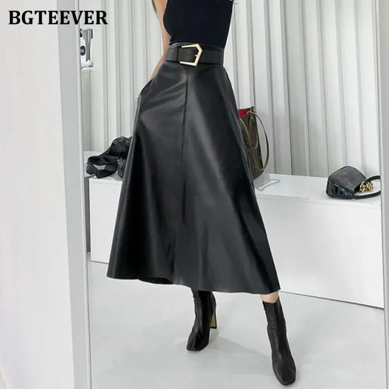 Christmas Gift Joskaa Chic High Waist Sashes Belted Women PU Leather Skirts Autumn Winter Stylish Loose Midi Female Faux PU Skirts 2024