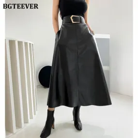 Christmas Gift Joskaa Chic High Waist Sashes Belted Women PU Leather Skirts Autumn Winter Stylish Loose Midi Female Faux PU Skirts 2024