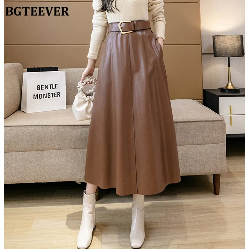 Christmas Gift Joskaa Chic High Waist Sashes Belted Women PU Leather Skirts Autumn Winter Stylish Loose Midi Female Faux PU Skirts 2024