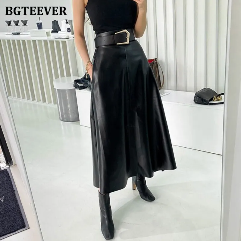 Christmas Gift Joskaa Chic High Waist Sashes Belted Women PU Leather Skirts Autumn Winter Stylish Loose Midi Female Faux PU Skirts 2024