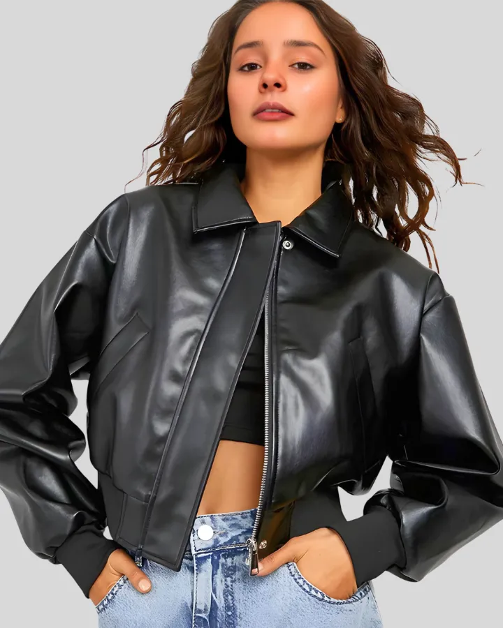 City Sleek Oversized Cropped Black Leather Bomber Jacket