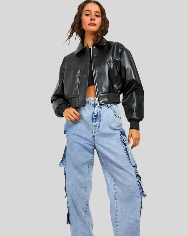 City Sleek Oversized Cropped Black Leather Bomber Jacket