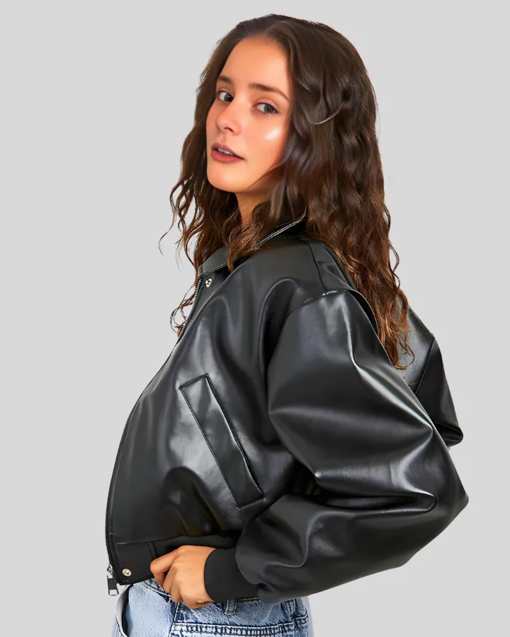 City Sleek Oversized Cropped Black Leather Bomber Jacket