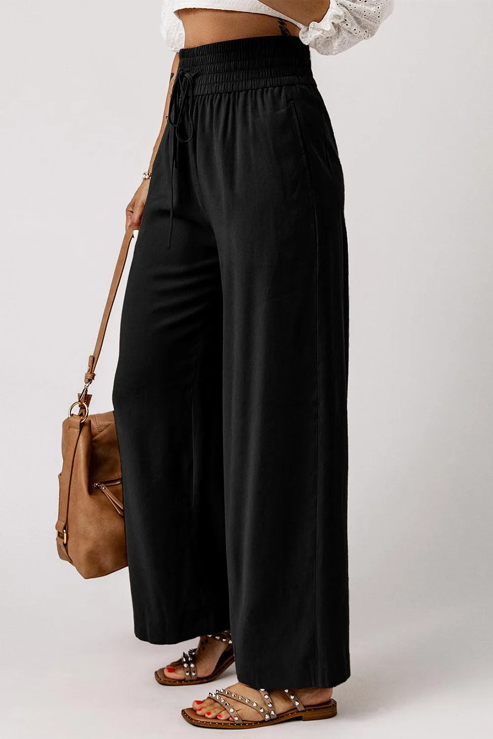 Drawstring Wide Leg  Pants with Elastic Waist for Work Casual for Women