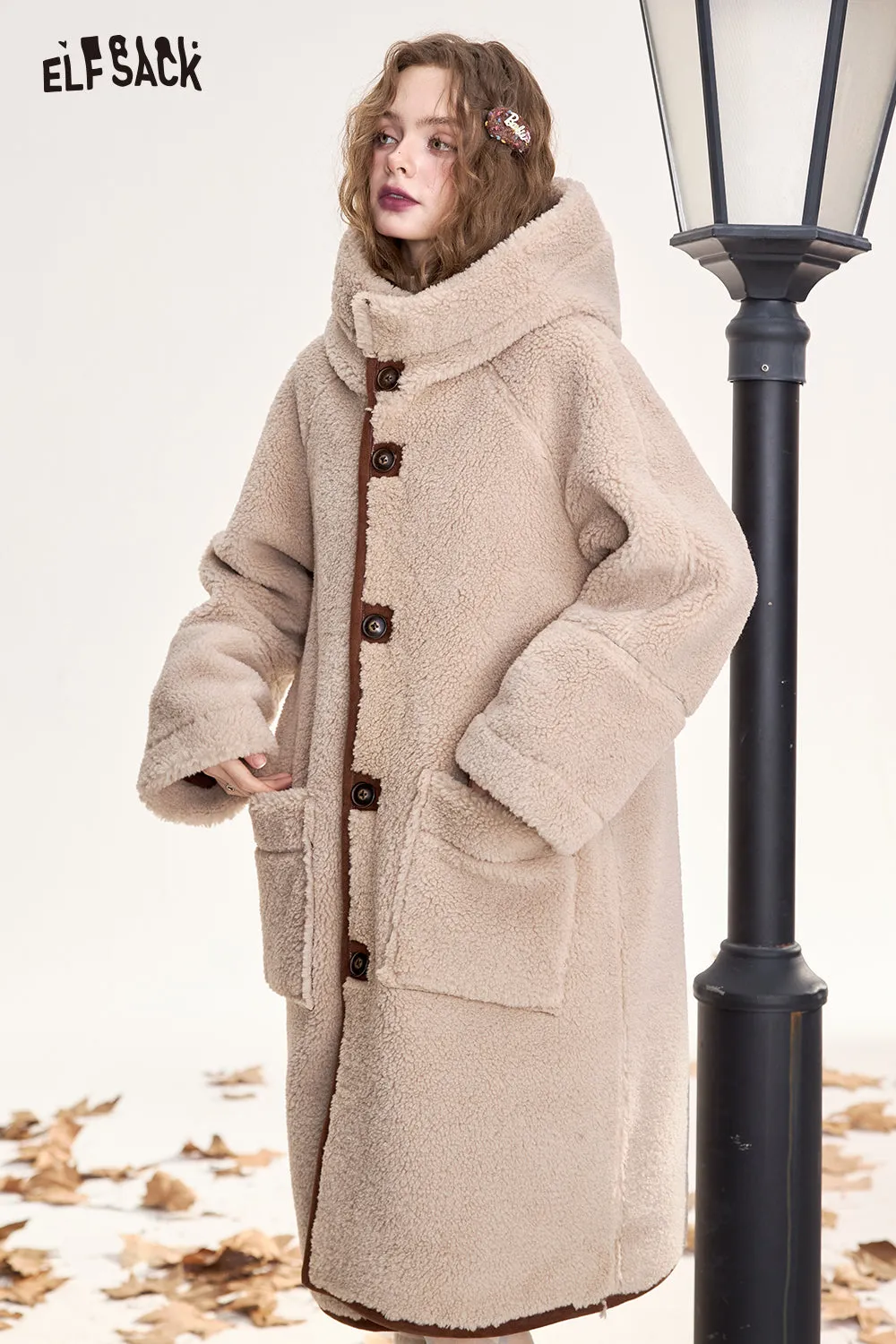 ELFSACK 2024 Winter New Arrivals Retro coffee color warm plush thick long coat hooded reversible coat