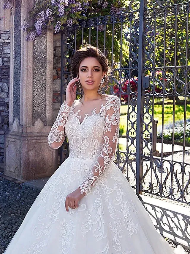 Engagement Formal Wedding Dresses Court Train Ball Gown Long Sleeve Jewel Neck Lace With Lace Appliques