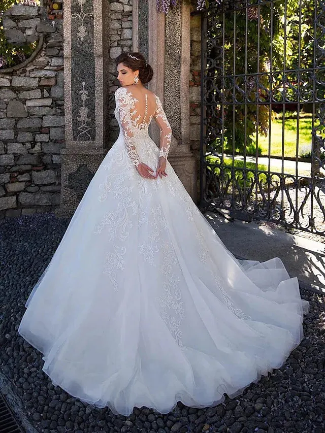 Engagement Formal Wedding Dresses Court Train Ball Gown Long Sleeve Jewel Neck Lace With Lace Appliques