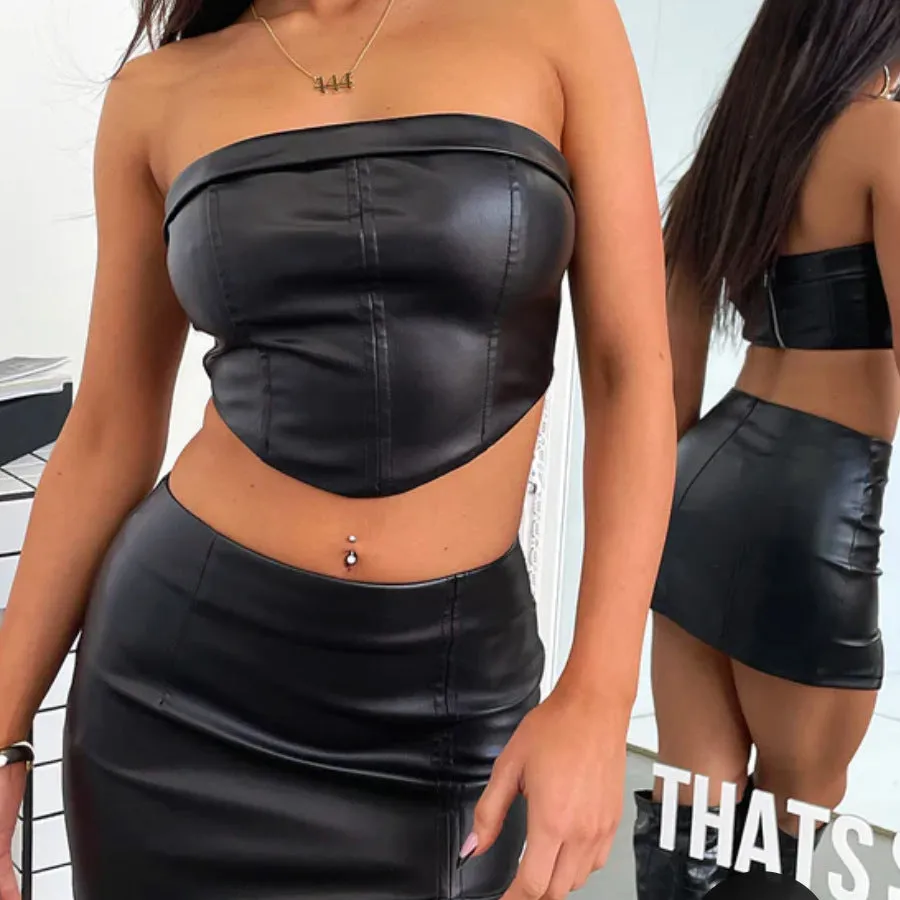 Faux Leather Cropped Top And Skirt Set