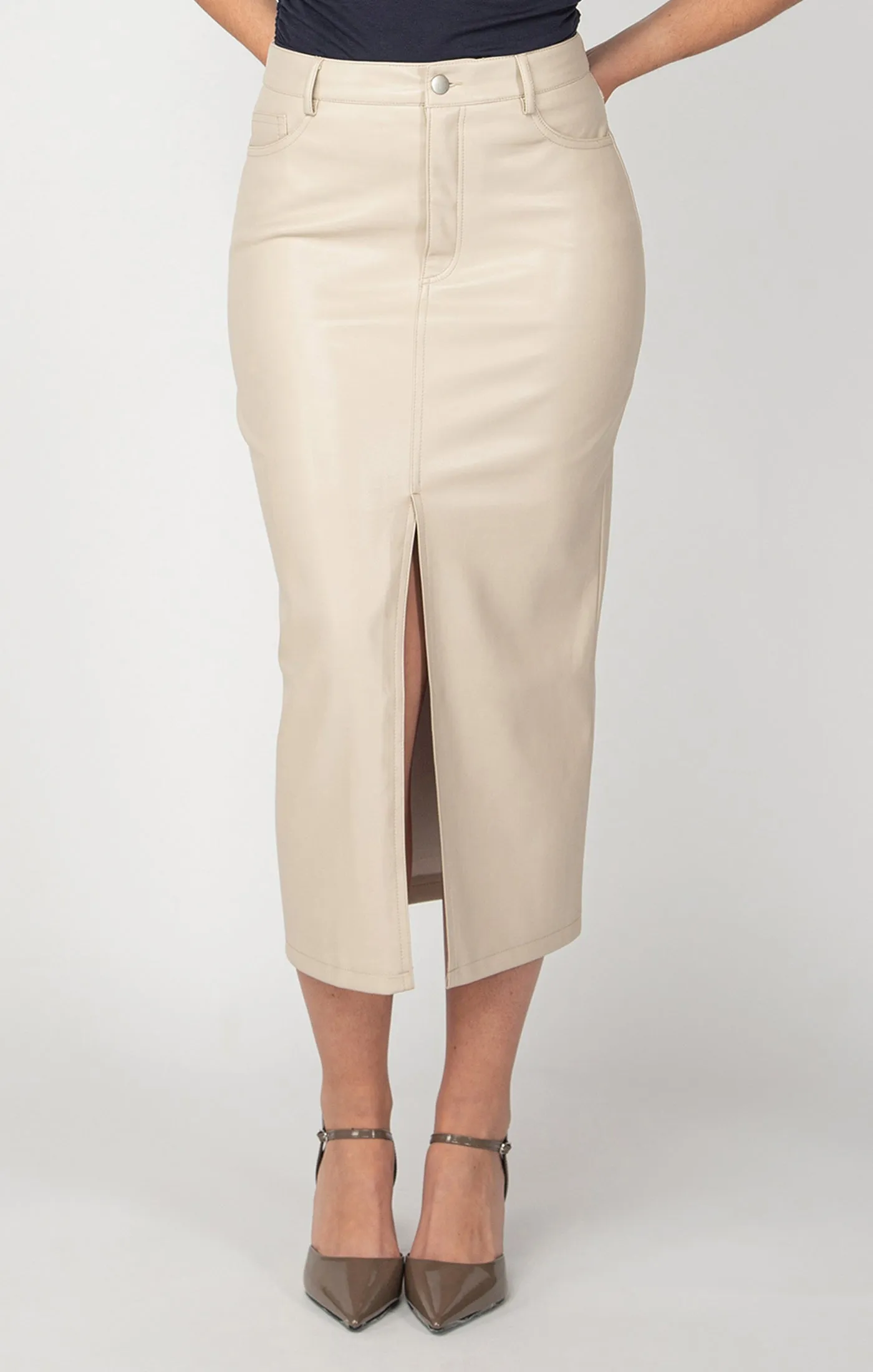 Faux Leather Midi Skirt | Cream Beige