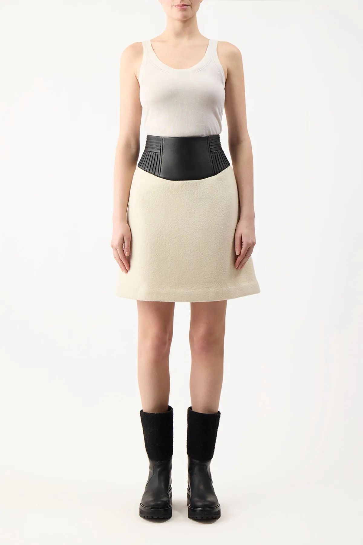 Felix Mini Skirt in Ivory Double-Face Recycled Cashmere Felt with Nappa Leather Waistband