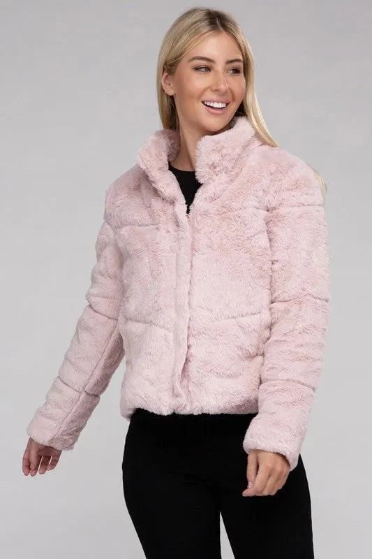 Fluffy Zip-Up Sweater Jacket Mauve