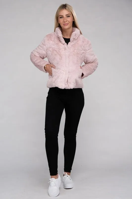 Fluffy Zip-Up Sweater Jacket Mauve