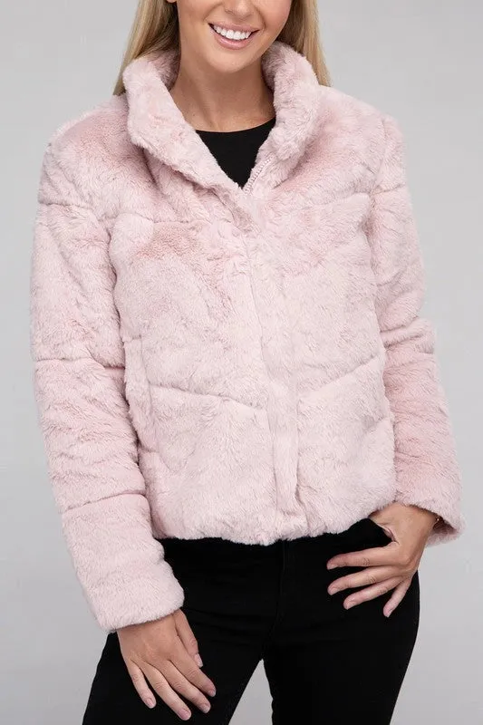 Fluffy Zip-Up Sweater Jacket Mauve