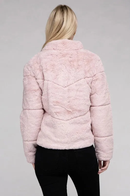 Fluffy Zip-Up Sweater Jacket Mauve