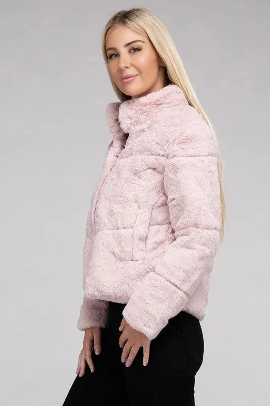 Fluffy Zip-Up Sweater Jacket Mauve