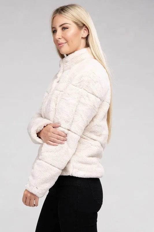 Fluffy Zip-Up Sweater Jacket Taupe