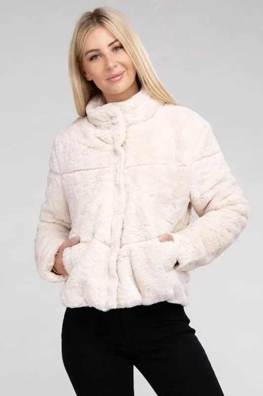 Fluffy Zip-Up Sweater Jacket Taupe