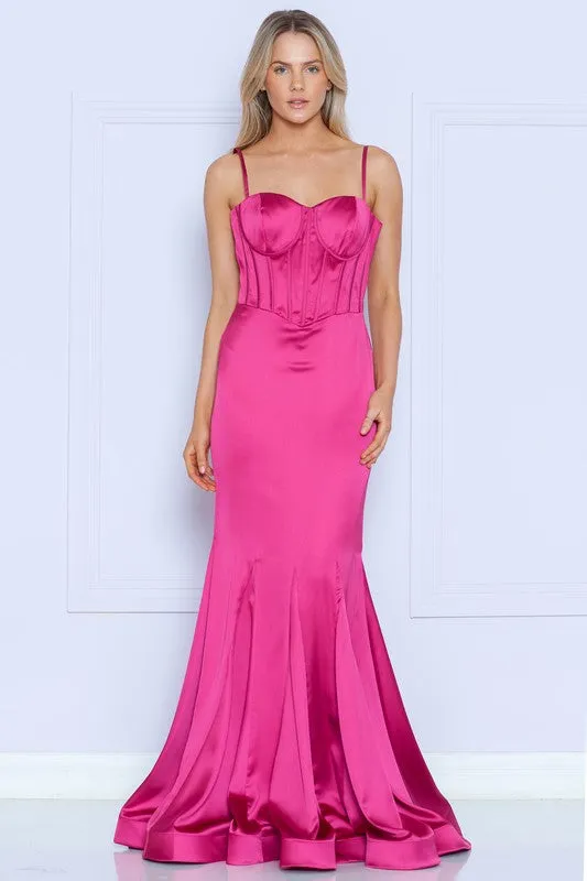 Fuchsia Charmeuse Corset Top Spaghetti Strap Long Dress