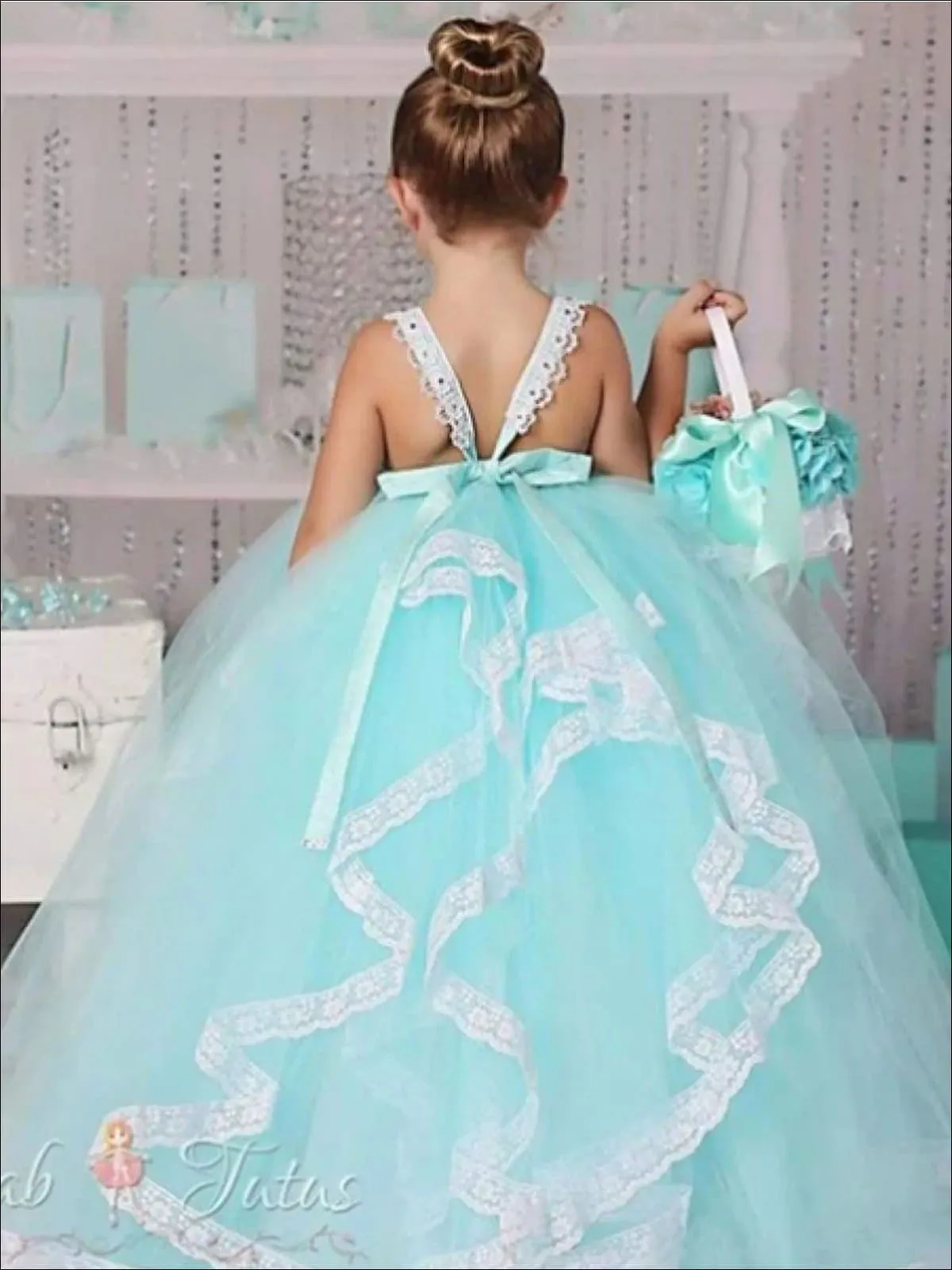 Girls Mint Lace Flower Girls Communion Dress